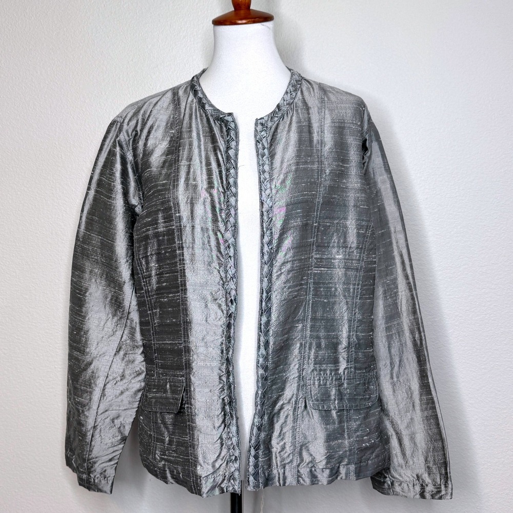 CHICOS Textured Silk Open Front Jacket XL 3 Gray Pockets Wedding‎ Cocktail Party